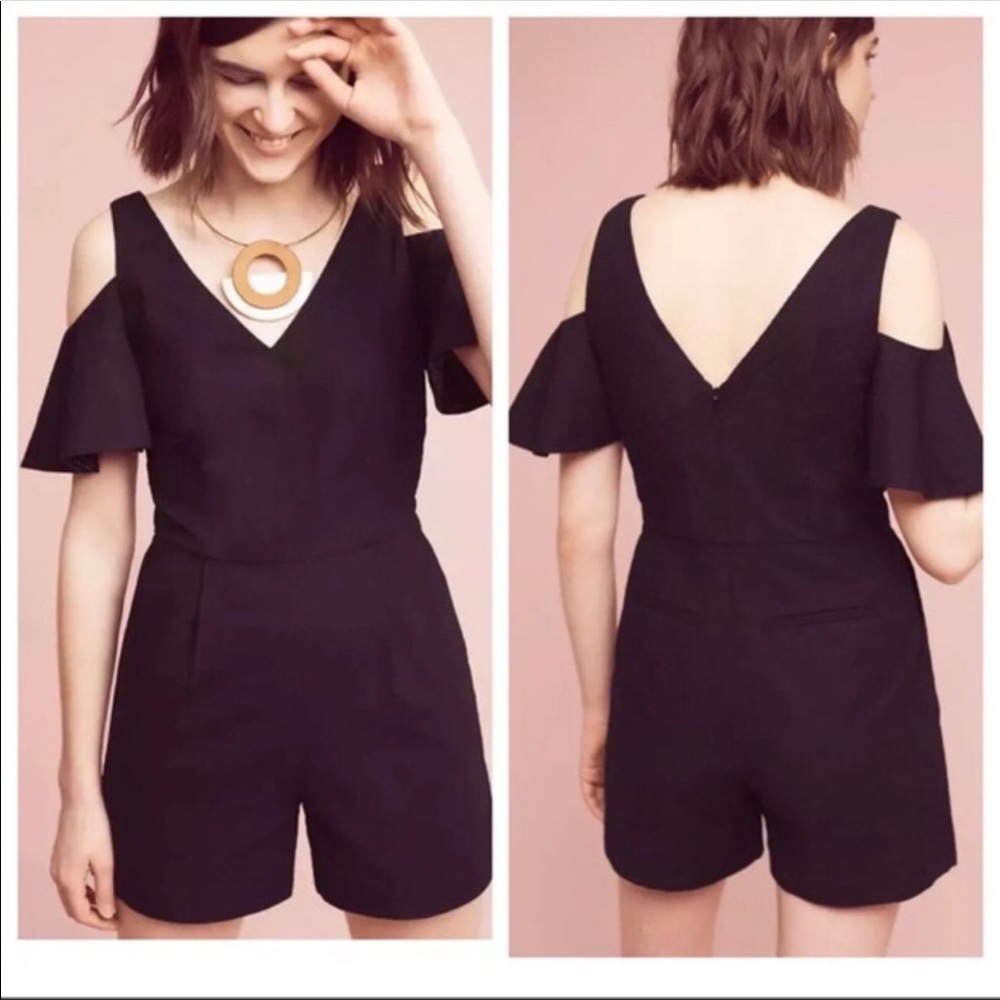 Anthropologie Black Open Shoulder Ruffle Romper
